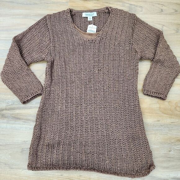 🍑NWT Coldwater Creek Brown Knit Vneck 3/4 Sleeve Sweater Small